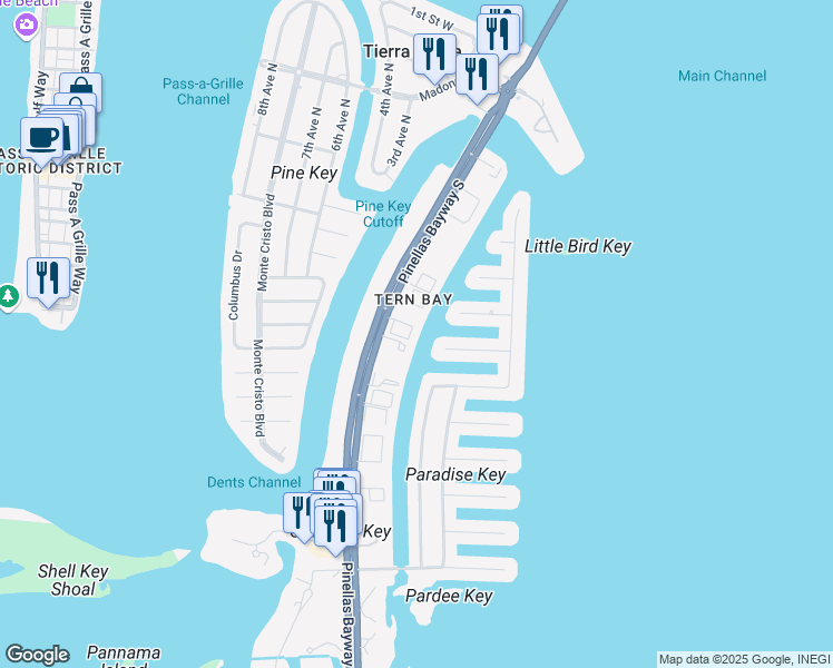 map of restaurants, bars, coffee shops, grocery stores, and more near 637 Pinellas Bayway South in Tierra Verde