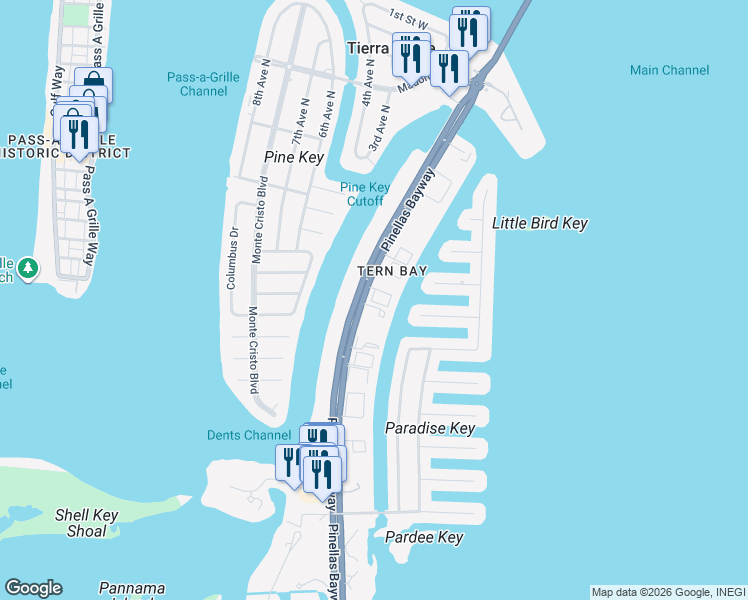 map of restaurants, bars, coffee shops, grocery stores, and more near 637 Pinellas Bayway South in Tierra Verde