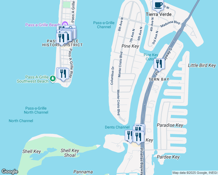 map of restaurants, bars, coffee shops, grocery stores, and more near 796 Columbus Dr in St Petersburg
