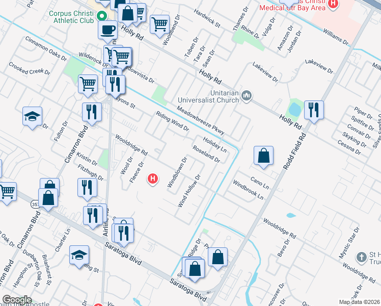 map of restaurants, bars, coffee shops, grocery stores, and more near 2401 Windblown Drive in Corpus Christi