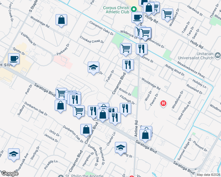 map of restaurants, bars, coffee shops, grocery stores, and more near 6214 Bradley Drive in Corpus Christi