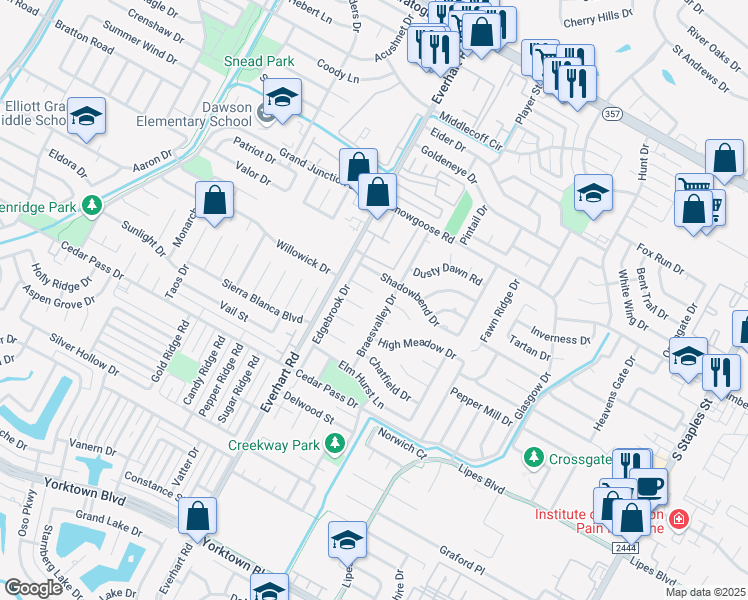 map of restaurants, bars, coffee shops, grocery stores, and more near 4825 Sweet Briar Circle in Corpus Christi