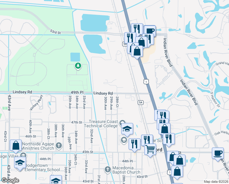 map of restaurants, bars, coffee shops, grocery stores, and more near 2910 49th Street in Vero Beach