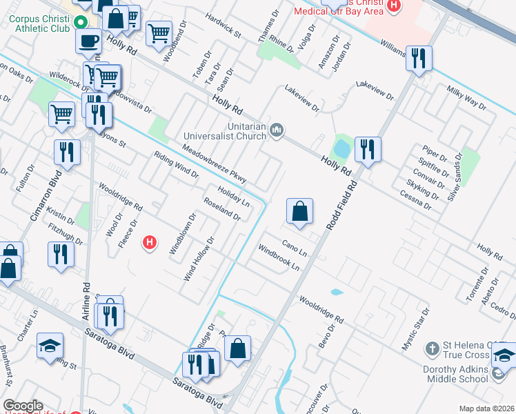 map of restaurants, bars, coffee shops, grocery stores, and more near 2302 Holiday Lane in Corpus Christi