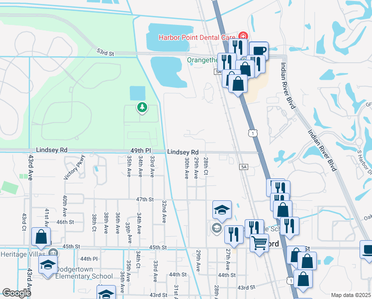 map of restaurants, bars, coffee shops, grocery stores, and more near 3002 49th Street in Vero Beach