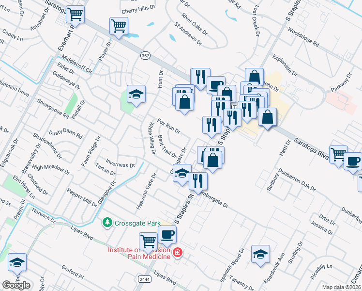 map of restaurants, bars, coffee shops, grocery stores, and more near 6646 Mountain Wood Drive in Corpus Christi