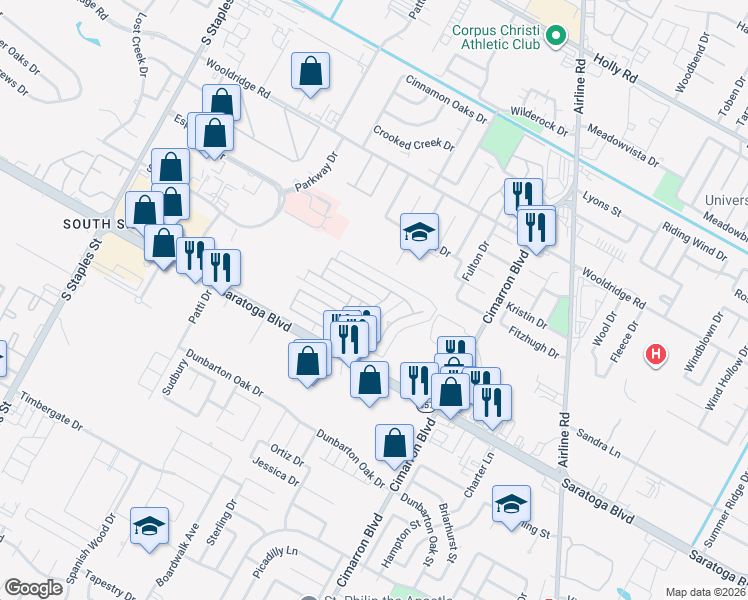 map of restaurants, bars, coffee shops, grocery stores, and more near 5942 Harvest Hill Road in Corpus Christi