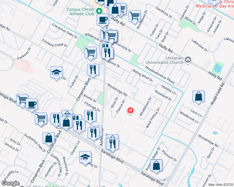 map of restaurants, bars, coffee shops, grocery stores, and more near 2505 Wool Dr in Corpus Christi