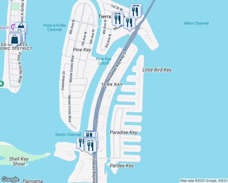 map of restaurants, bars, coffee shops, grocery stores, and more near 637 Pinellas Bayway South in Tierra Verde