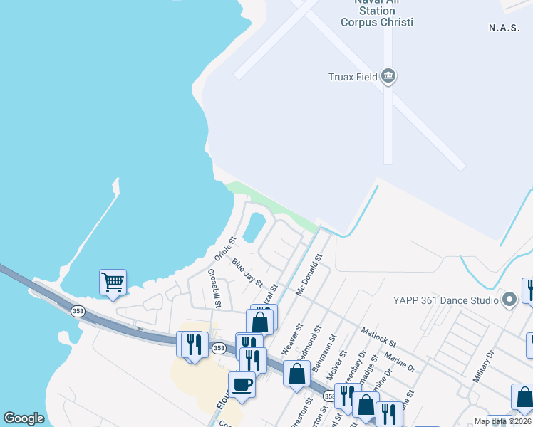 map of restaurants, bars, coffee shops, grocery stores, and more near 9529 Lovebird Street in Corpus Christi