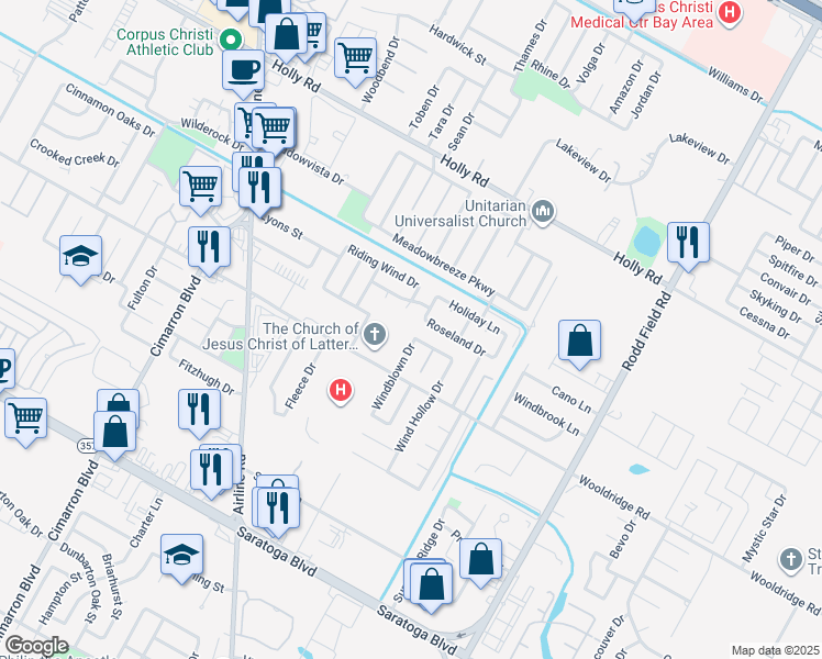 map of restaurants, bars, coffee shops, grocery stores, and more near 2401 Windblown Dr in Corpus Christi
