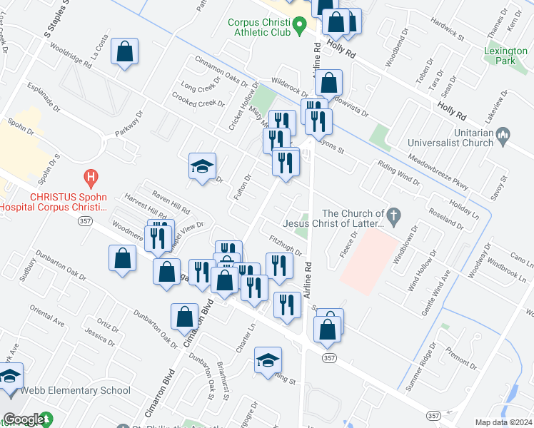 map of restaurants, bars, coffee shops, grocery stores, and more near 6306 Kristin Drive in Corpus Christi