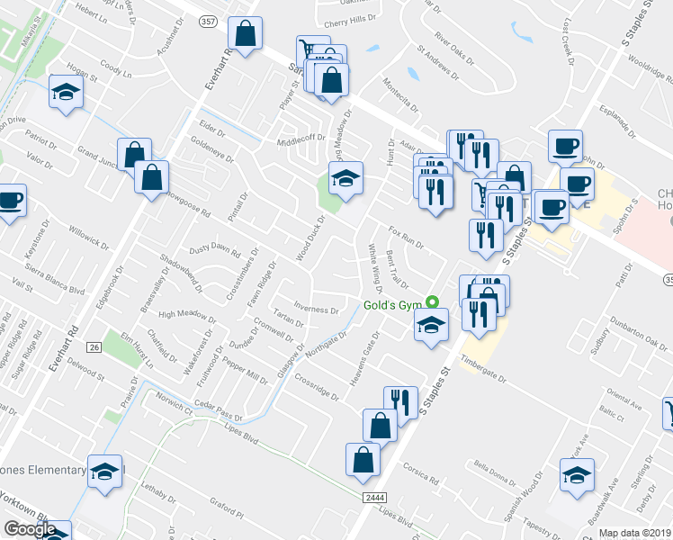 map of restaurants, bars, coffee shops, grocery stores, and more near 5310 Stonemill Circle in Corpus Christi