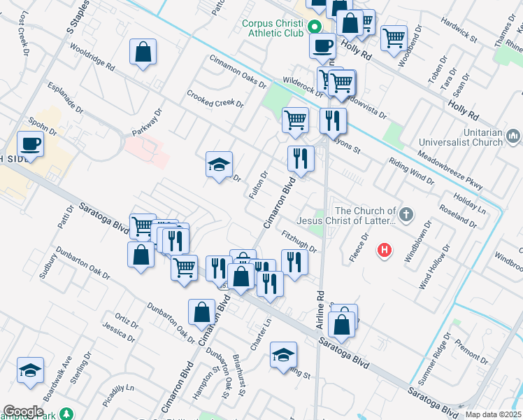 map of restaurants, bars, coffee shops, grocery stores, and more near 6213 Durant Circle in Corpus Christi