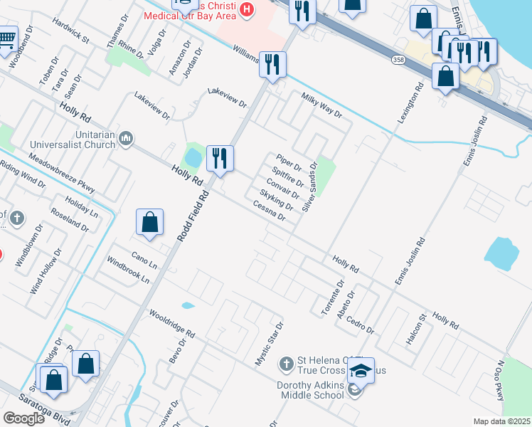 map of restaurants, bars, coffee shops, grocery stores, and more near 7435 Cessna Drive in Corpus Christi