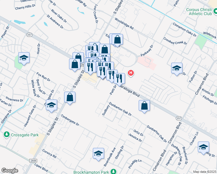 map of restaurants, bars, coffee shops, grocery stores, and more near 5821 Saratoga Boulevard in Corpus Christi