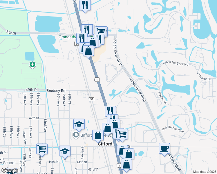 map of restaurants, bars, coffee shops, grocery stores, and more near 5045 Fairways Circle in Vero Beach