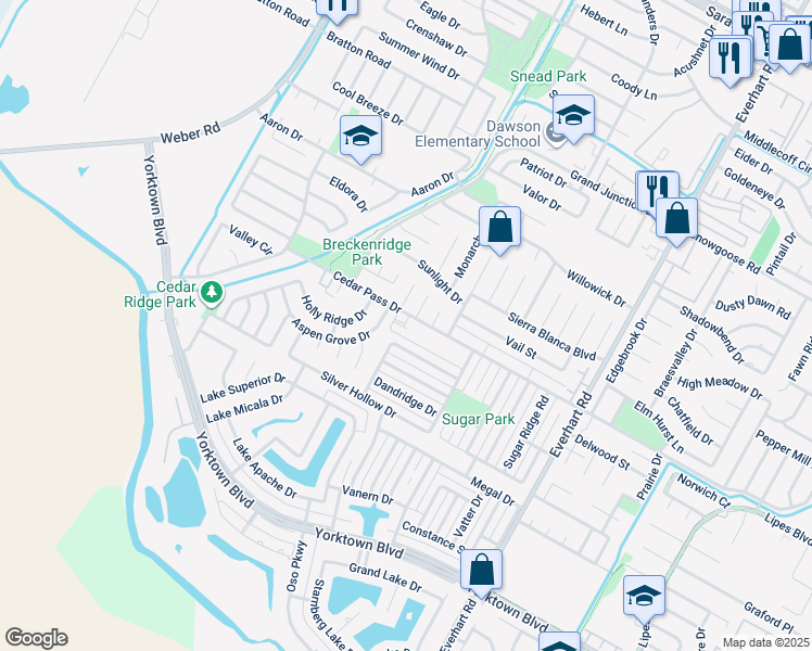 map of restaurants, bars, coffee shops, grocery stores, and more near 4506 Moonlake Ridge Drive in Corpus Christi