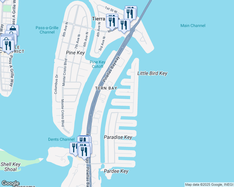 map of restaurants, bars, coffee shops, grocery stores, and more near 206 6th Street East in Tierra Verde
