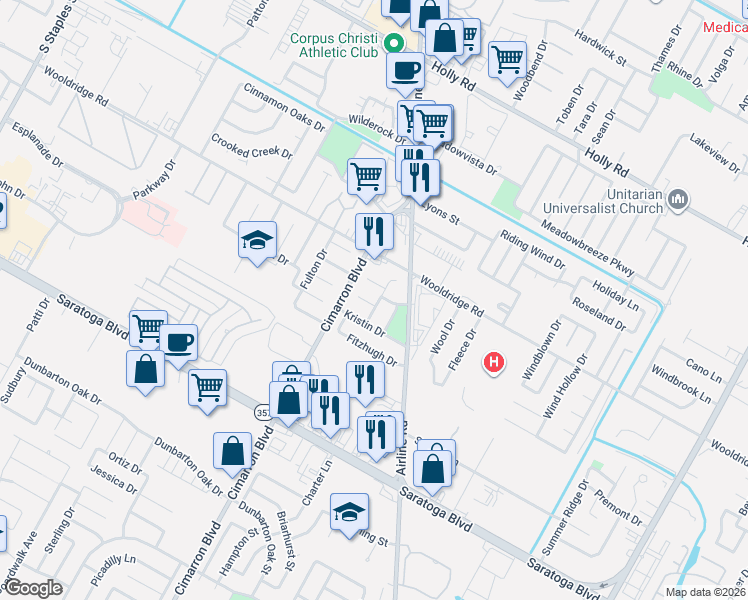 map of restaurants, bars, coffee shops, grocery stores, and more near 2526 Catherwood Drive in Corpus Christi