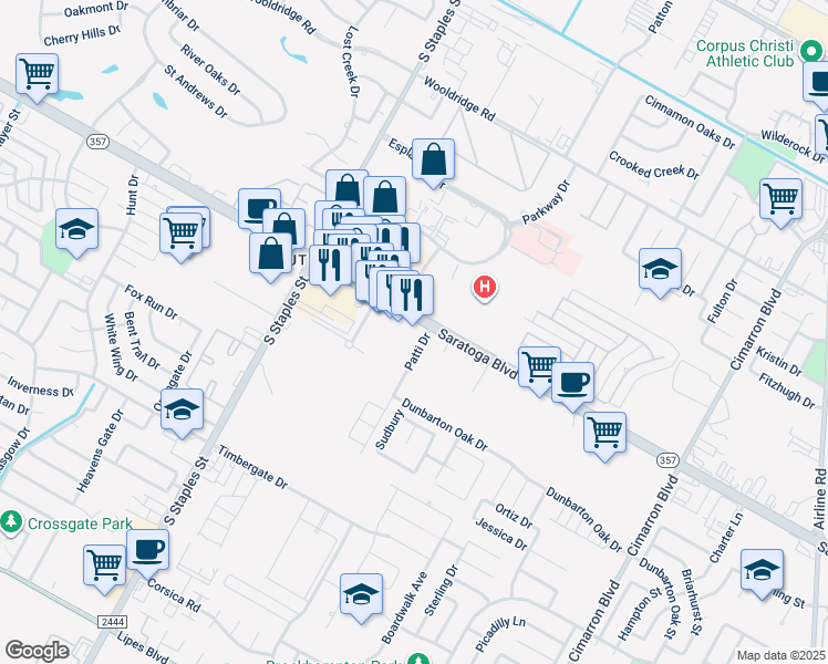 map of restaurants, bars, coffee shops, grocery stores, and more near 5821 Saratoga Blvd in Corpus Christi