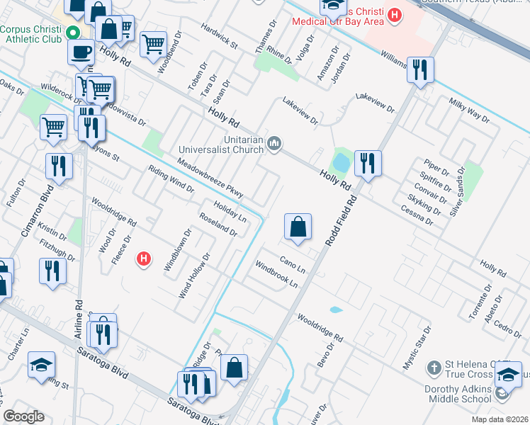 map of restaurants, bars, coffee shops, grocery stores, and more near 2302 Holiday Lane in Corpus Christi