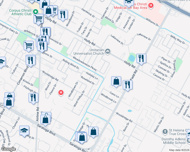 map of restaurants, bars, coffee shops, grocery stores, and more near 6921 Holiday Lane in Corpus Christi