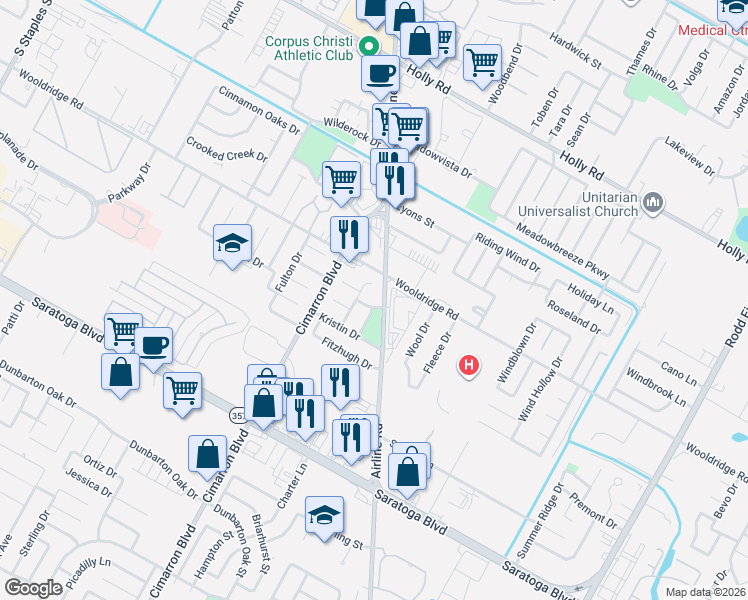 map of restaurants, bars, coffee shops, grocery stores, and more near 2526 Catherwood Drive in Corpus Christi