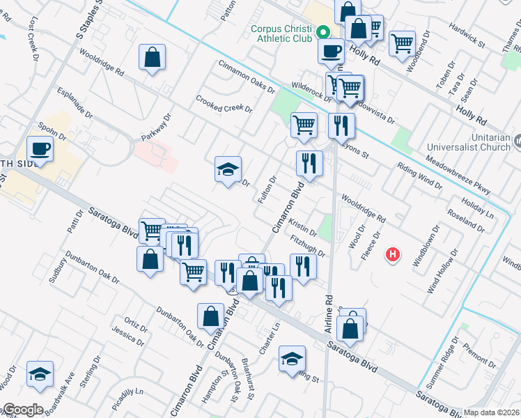 map of restaurants, bars, coffee shops, grocery stores, and more near 6214 Bradley Drive in Corpus Christi