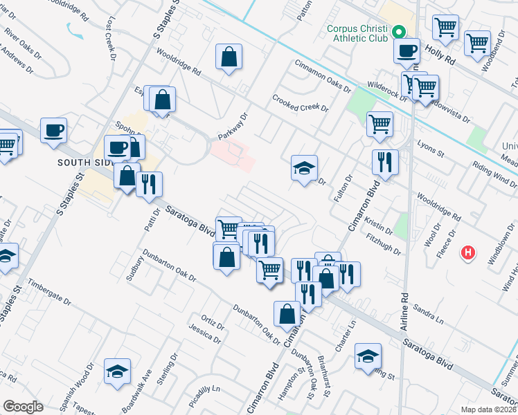 map of restaurants, bars, coffee shops, grocery stores, and more near 5942 Harvest Hill Road in Corpus Christi