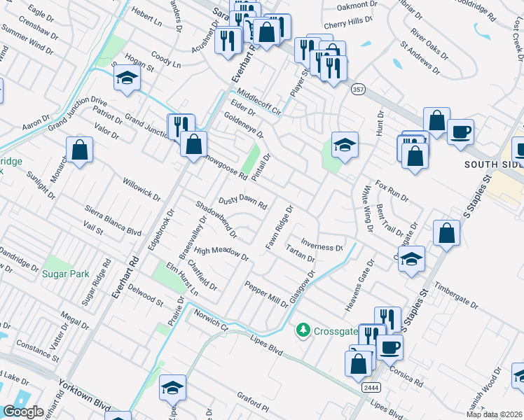 map of restaurants, bars, coffee shops, grocery stores, and more near 4942 Valley Stream Drive in Corpus Christi