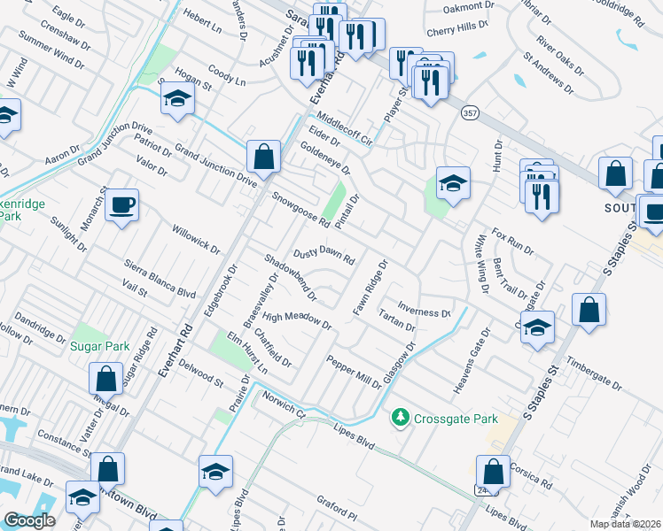 map of restaurants, bars, coffee shops, grocery stores, and more near 4913 Valley Stream Drive in Corpus Christi