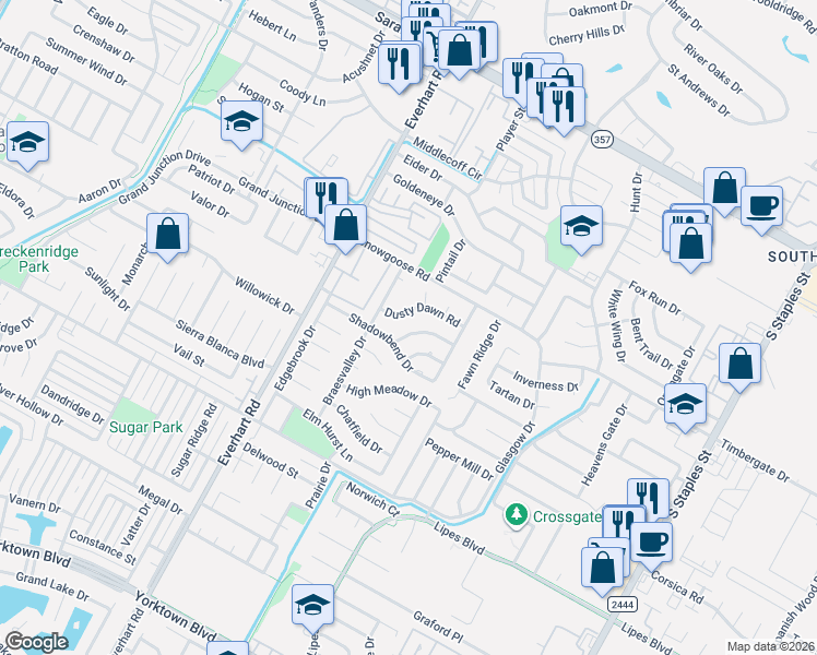 map of restaurants, bars, coffee shops, grocery stores, and more near 4913 Valley Stream Drive in Corpus Christi