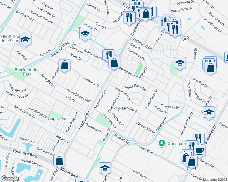 map of restaurants, bars, coffee shops, grocery stores, and more near 4825 Sweet Briar Circle in Corpus Christi
