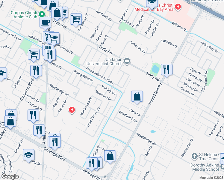 map of restaurants, bars, coffee shops, grocery stores, and more near 6921 Holiday Lane in Corpus Christi