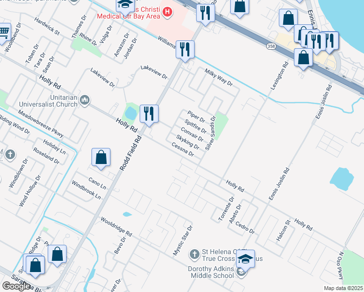 map of restaurants, bars, coffee shops, grocery stores, and more near 7435 Cessna Drive in Corpus Christi