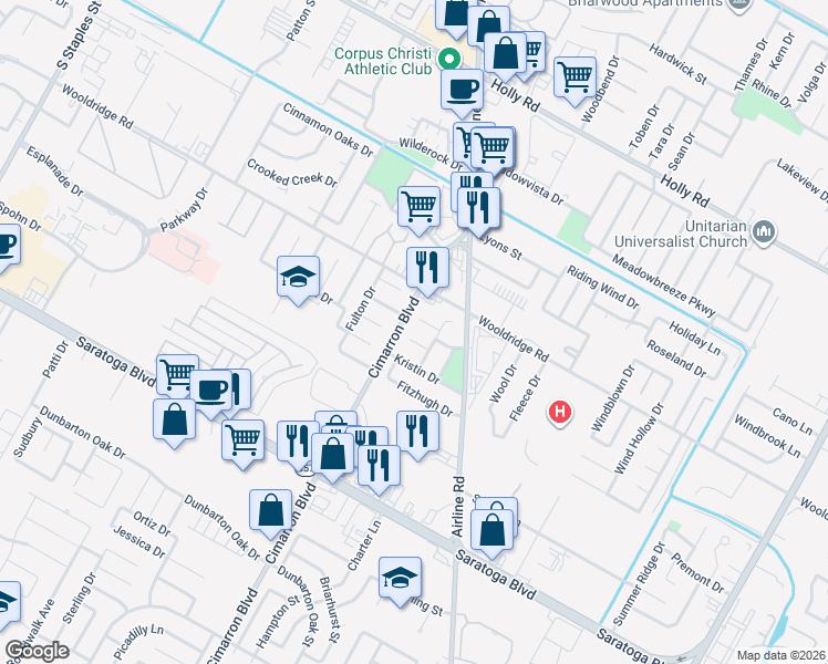 map of restaurants, bars, coffee shops, grocery stores, and more near 6222 Coppedge Drive in Corpus Christi