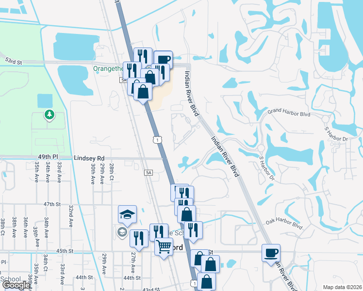 map of restaurants, bars, coffee shops, grocery stores, and more near 5050 Fairways Circle in Vero Beach
