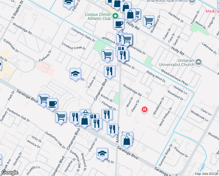 map of restaurants, bars, coffee shops, grocery stores, and more near 6313 Wooldridge Road in Corpus Christi