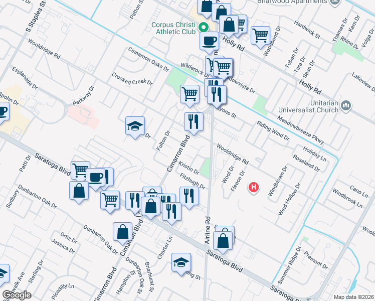 map of restaurants, bars, coffee shops, grocery stores, and more near 6222 Coppedge Drive in Corpus Christi