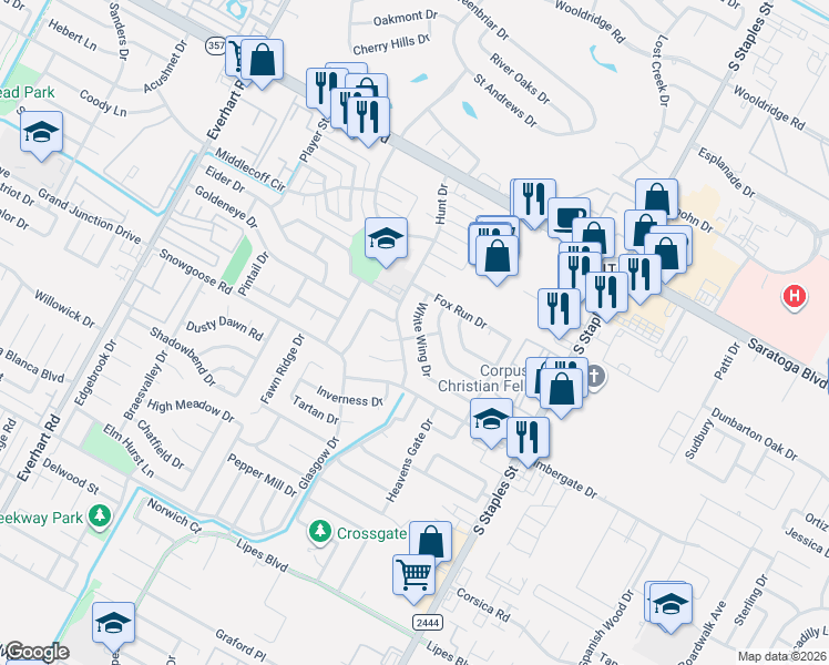 map of restaurants, bars, coffee shops, grocery stores, and more near 6617 White Wing Drive in Corpus Christi