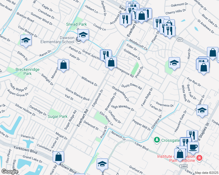 map of restaurants, bars, coffee shops, grocery stores, and more near 8402 Shadowbend Drive in Corpus Christi