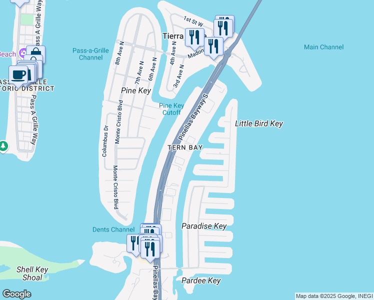 map of restaurants, bars, coffee shops, grocery stores, and more near 521 Pinellas Bayway South in Tierra Verde