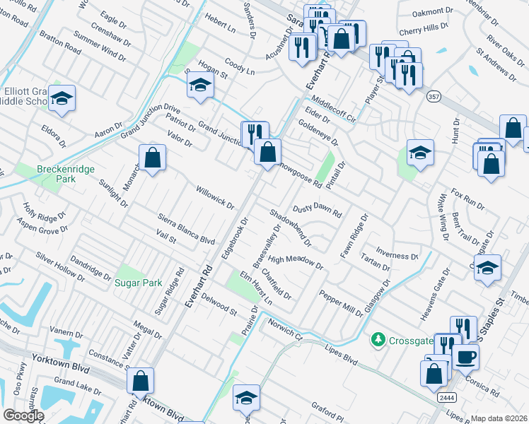 map of restaurants, bars, coffee shops, grocery stores, and more near 8402 Shadowbend Drive in Corpus Christi