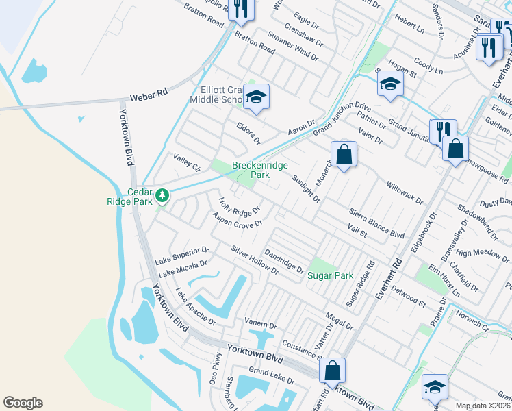 map of restaurants, bars, coffee shops, grocery stores, and more near 4418 Cedar Pass Drive in Corpus Christi
