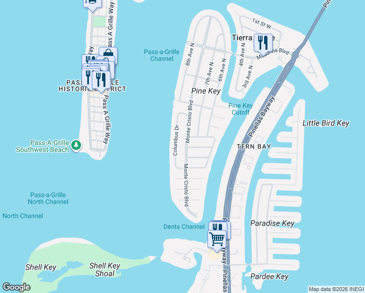 map of restaurants, bars, coffee shops, grocery stores, and more near 742 Monte Cristo Boulevard in St. Petersburg