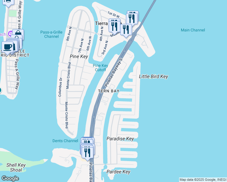 map of restaurants, bars, coffee shops, grocery stores, and more near 487 Pinellas Bayway South in Tierra Verde