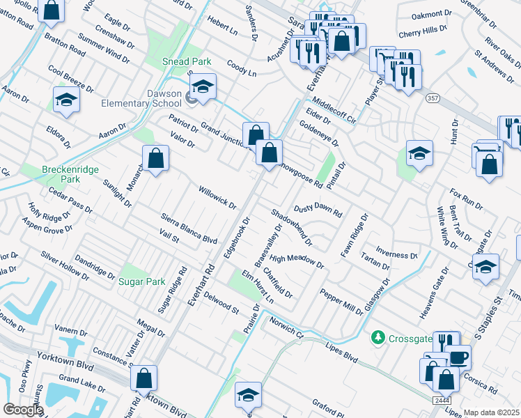 map of restaurants, bars, coffee shops, grocery stores, and more near 8402 Shadowbend Drive in Corpus Christi