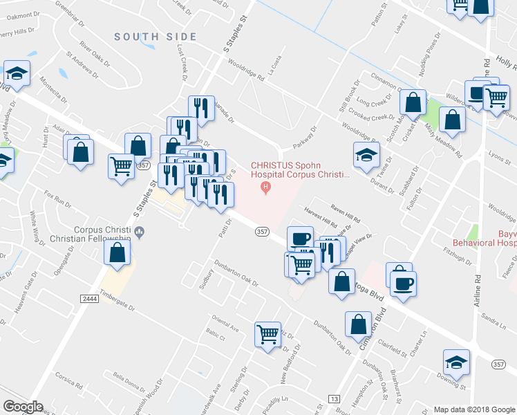 map of restaurants, bars, coffee shops, grocery stores, and more near 5950 Saratoga Boulevard in Corpus Christi