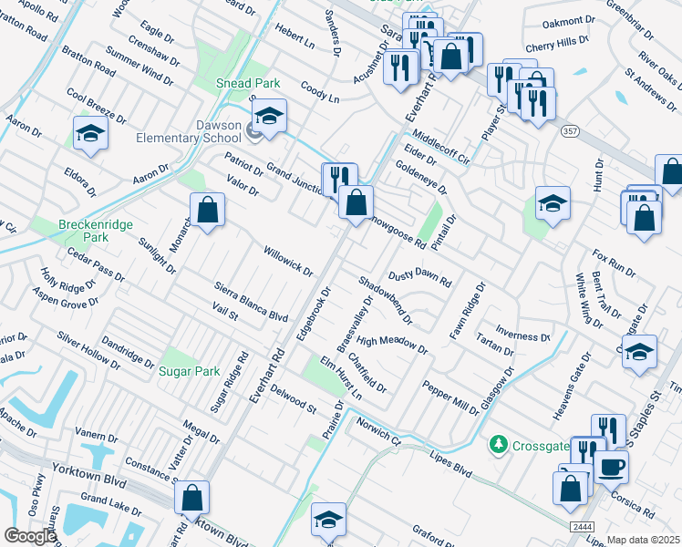map of restaurants, bars, coffee shops, grocery stores, and more near 8402 Shadowbend Drive in Corpus Christi